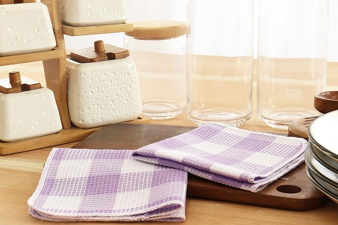 Waffle Weave Plaid Dish Cloths, 100% Cotton - 12 x 12 Inches, Ultra Soft Absorbent Quick Drying Dish Towels Buffalo Check Dish Rags for Kitchen, 8 Pack - Fall Thanksgiving- Lavender & White