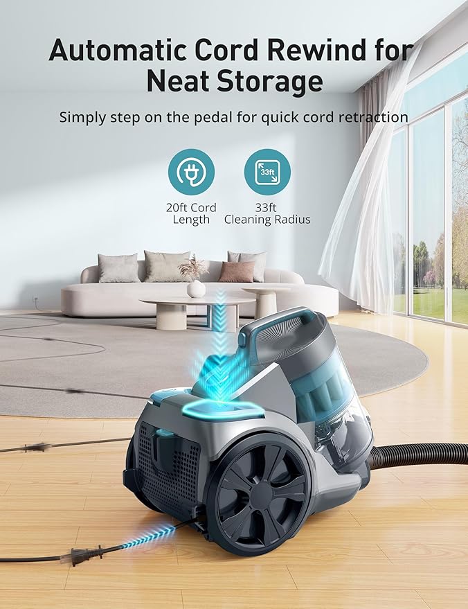 Aspiron 1700W Canister Vacuum Cleaner, 32Kpa Bagless Vacuum Cleaner, Multi-Cyclonic Filtration, 2 Anti-Allergen HEPA Filters, 3.5QT Dust Cup, 4 Tools, Corded Vacuum for Hard Floor, Pet Hair, Cyan