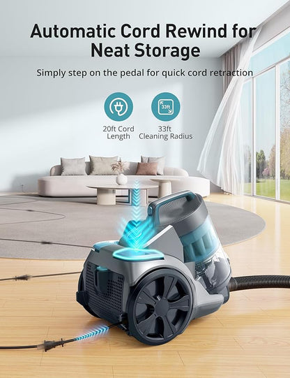 Aspiron 1700W Canister Vacuum Cleaner, 32Kpa Bagless Vacuum Cleaner, Multi-Cyclonic Filtration, 2 Anti-Allergen HEPA Filters, 3.5QT Dust Cup, 4 Tools, Corded Vacuum for Hard Floor, Pet Hair, Cyan