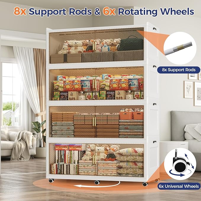 320 Gallon Extra Large Collapsible Storage Bin with Lid, 960QT Stackable Plastic Organizer with 6X Wheels, Foldable Drawer Cabinet for Closet, Living Room Office, Kitchen 4Pack, White