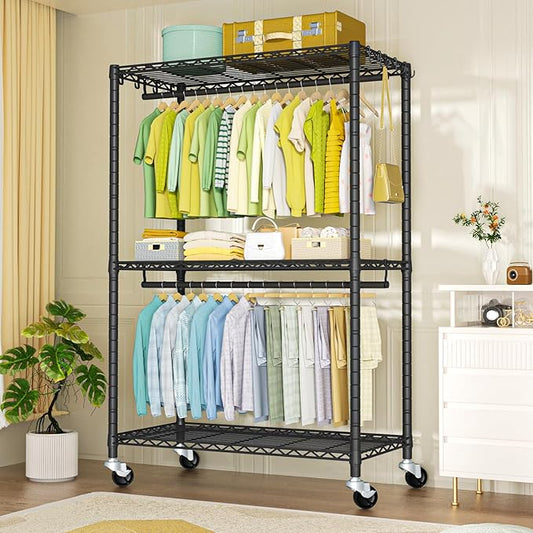 P3 Plus Rolling Clothes Rack, Clothing Racks for Hanging Clothes, Heavy Duty Garment Rack with Wheels, Freestanding Portable Closet Rack 45" W x 14" D x 78.5" H, Max Load 480 LBS, Black