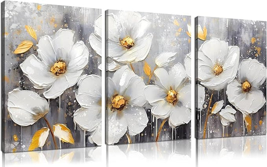 White Flowers Wall Art for Bedroom - Modern Canvas Wall Art for Office - 3 Piece Wall Art for Living Room 12" x 16"