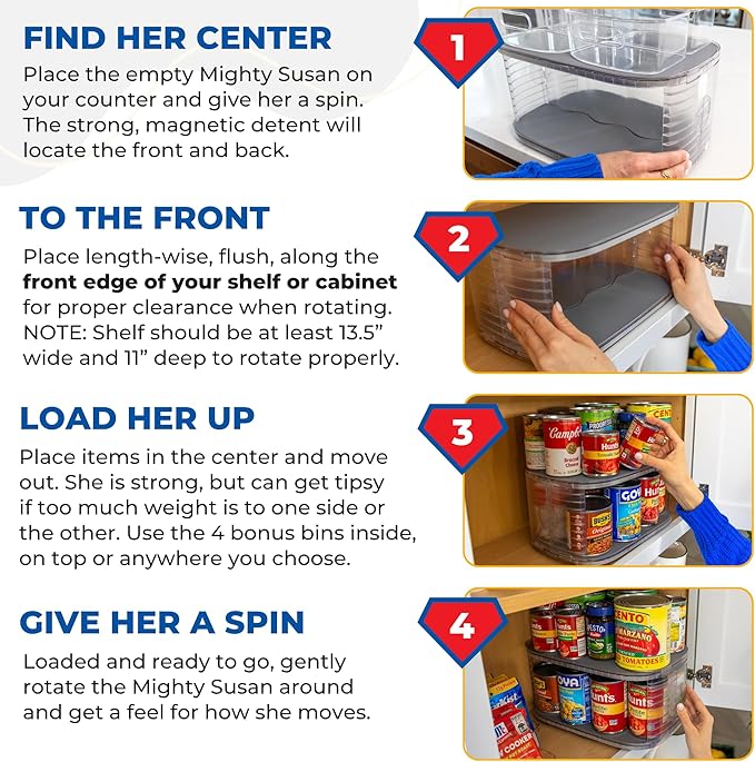 Mighty Susan Kitchen Organizer for Canned Goods: 2-Tiered Robust Turntable Organizer for Cabinet/Pantry. Steel Reinforced Holds Up To 30 lbs. Rotates 360° for Maximum Visibility. Includes 4 Bonus Bins