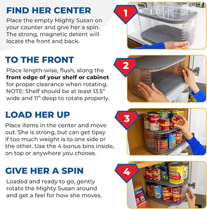 Mighty Susan Kitchen Organizer for Canned Goods: 2-Tiered Robust Turntable Organizer for Cabinet/Pantry. Steel Reinforced Holds Up To 30 lbs. Rotates 360° for Maximum Visibility. Includes 4 Bonus Bins