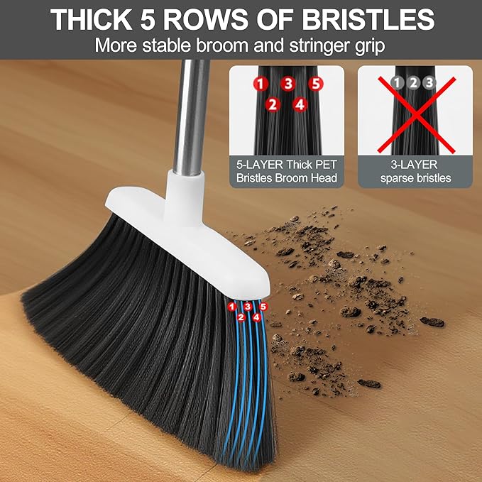 Broom and Dustpan Set, Broom with Dustpan Combo Set for Home 54-in Long Adjustable Handle Dustpan Teeth to Clean Hair for Home Office Kitchen Lobby(White)