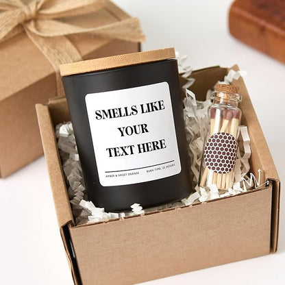 Custom Candle | Smells Like Your Text Here | Personalized Candle with Gift Box and Mini Matches-White/Unscented
