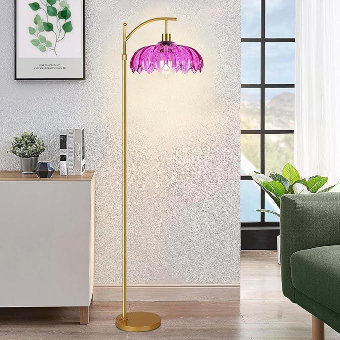 Floor Lamp for Living Room,Bedroom,Gold Dimmable Standing Lamp with Remote,Mid Century Modern Brass Tall Lamp Retro Vintage Purple Glass Lamp Floor Light Boho Bohemian