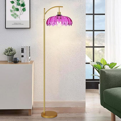 Floor Lamp for Living Room,Bedroom,Gold Dimmable Standing Lamp with Remote,Mid Century Modern Brass Tall Lamp Retro Vintage Purple Glass Lamp Floor Light Boho Bohemian