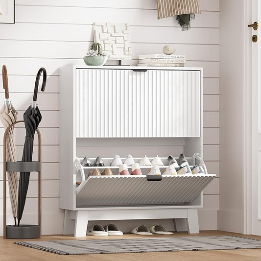 Shoe Cabinet Storage for Entryway with 2 Flip Drawers, Fluted Narrow Shoe Organizer with Wooden Legs, Freestanding Slim Shoe Storage Hidden Shoe Rack Organizer for Front Door Entrance, White