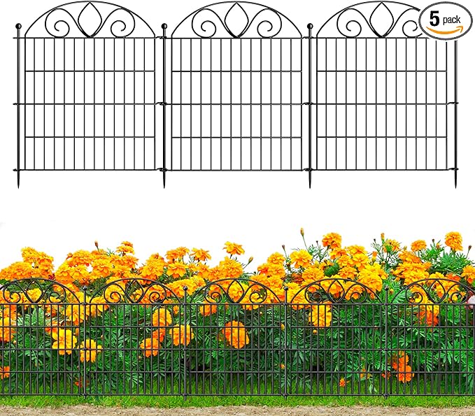 5 Panels No Dig Decorative Garden Fence Panel – 28" H X 9.8' L Rustproof Metal Dog Fence Outdoor for Yard, Animal Barrier Fence for Pet, Garden Border, Patio, Flower Beds| Temporary Fencing