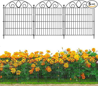 5 Panels No Dig Decorative Garden Fence Panel – 28" H X 9.8' L Rustproof Metal Dog Fence Outdoor for Yard, Animal Barrier Fence for Pet, Garden Border, Patio, Flower Beds| Temporary Fencing