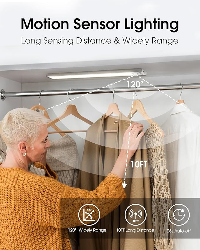 24 Inch Under Cabinet Lighting, 3Pack 5CCT Dimmable Closet Lights, Motion Sensor LED Lights of Battery Operated, Rechargeable Under Counter Light for Kitchen, Stairs, Bedroom, Wardrobe