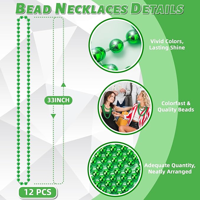 YAXINRUI 12 PCS St. Patricks Day Necklaces, Green Mardi Gras Beads Christmas Necklace, 33" St. Patrick's Day Green Beads St. Patricks Day Accessories for Mardi Gras, St. Patricks Day Party Favors
