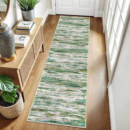 2x8 Modern Abstract Runner Rug for Hallways, Green Grey Multi Super Soft Hallway Decor Kitchen Rugs with Non-Slip, Non-Shedding Washable Rug for Entryway Bedroom Bathroom Laundry Indoor