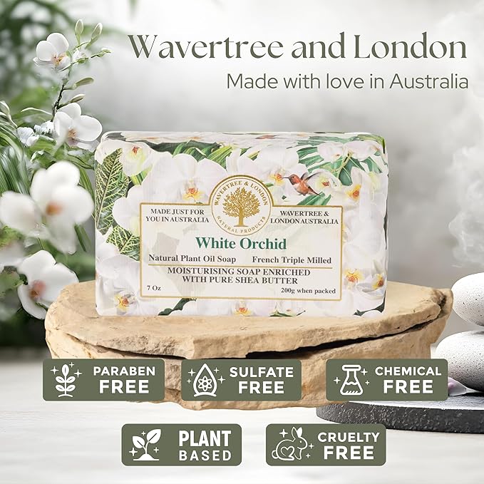 Wavertree & London White Orchid Scented Natural Soap Bar, 7oz Moisturizing French Triple Milled Soap Bar for Women & Men Enriched with Organic Shea Butter, Pure Bath & Body Soap (1 Bar)