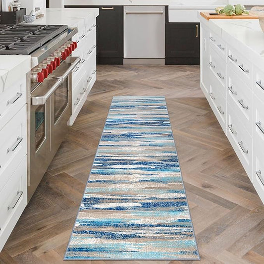 Abstract Runner Rug 2x6, Blue Washable Hallway Runner Rug Non-Slip, Soft Printed Kitchen Runner, Thin Faux Wool Runners for Hallways, Modern Floor Carpet for Entryway Bedroom Hall Indoor