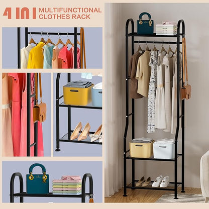 Narrow Clothing Rack with 3 Tier Metal Shelves, 71.9 Inch Tall Garment Rack with 8 Hooks, Freestanding Closet Organizer with Adjustable Leveling Feet for Small Space, Bedroom (Black)