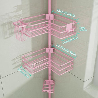 HapiRm Corner Shower Caddy Organizer - Shower Organizer Corner with Soap Holder, Toothbrush Holder and 4 Hooks, Rustproof Bathroom Shelf Tension Pole Available for 27.6 to 108.3 Inch - Pink