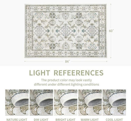 5x7 Washable Area Rugs Beige and Sage Green Vintage Boho Floral Farmhouse Rug for Living Room Bedroom, Non Slip Low Pile Carpet
