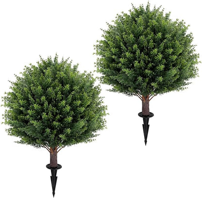Artificial Cedar Topiary Ball Tree 23" with Ground Spike, Set of 2 Artificial Boxwood Bushes for Faux Shrubs, Fake Evergreen Faux Plant for Indoor Outdoor Porch Garden- UV Resistant – Fade-Proof