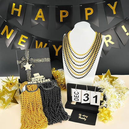 YAXINRUI 120 PCS Gold Black New Year Necklaces, New Year Bead Party Favors, Happy New Year Necklace, 33‘’ Gold Black Beaded Necklaces for 2026 New Years Eve Christmas Halloween Festive Events