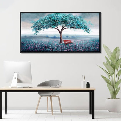 KLAKLA Large Tree Wall Art - Teal Blue Nature Tree of Life Abstract Canvas Painting for Living Room Modern Large Panoramic Landscape Framed Artwork for Bedroom Office Home Decor
