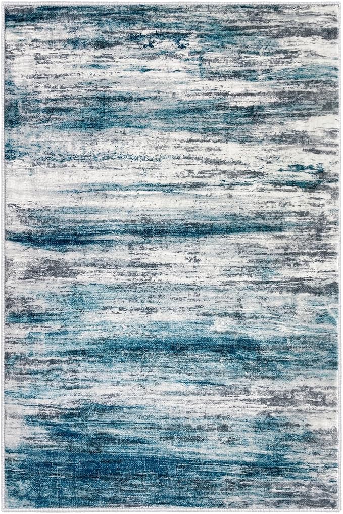 KOZYFLY Area Rug 6x9 Modern Ombre Rugs for Living Room, Washable Large Thin Rugs Non-Slip Soft Striped Rug for Bedroom, Print Blue Abstract Carpet for Laundry/Kid Room