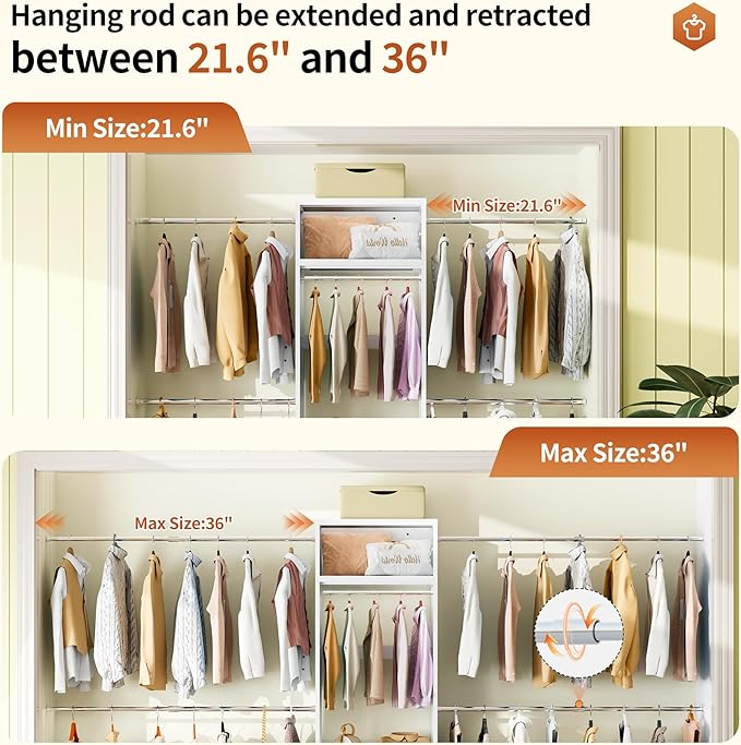78.7" H Metal Closet System with 2 Drawers, 4.6-7.8 FT Closet Organizer with 5 Hanging Rods, Walk In Closet Organizer System, Built-in Wardrobe Clothes Rack