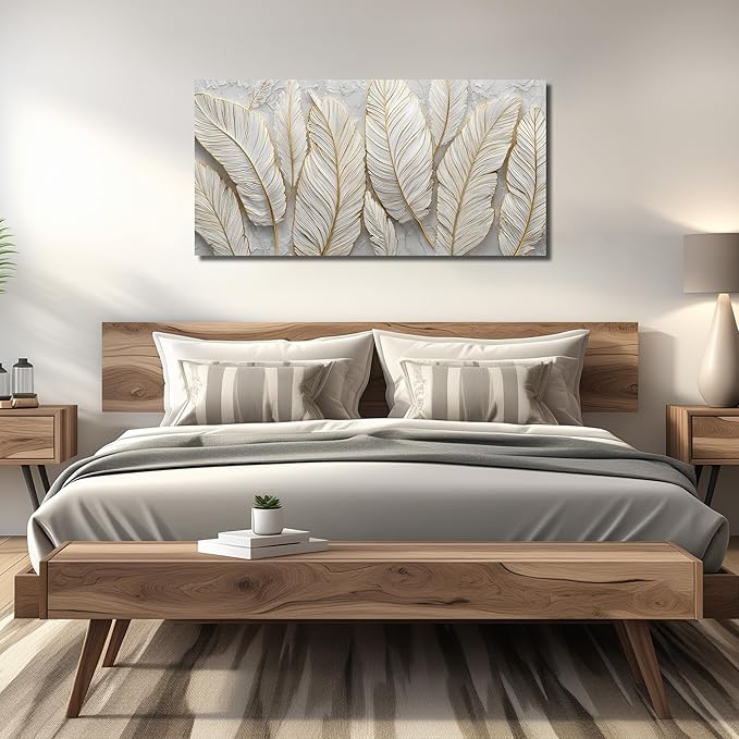 JuhaiArt Feather Canvas Art for Living Room Bedroom Home Office White Wall Picture 24" x 48" Gold Wall Decor Art Artwork Poster
