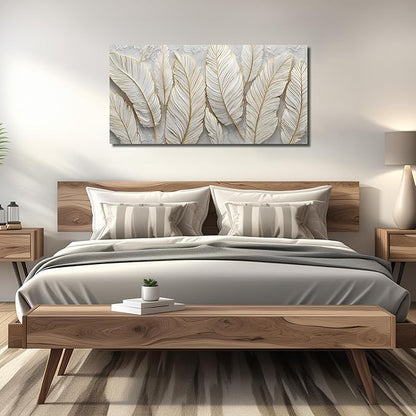 JuhaiArt Feather Canvas Art for Living Room Bedroom Home Office White Wall Picture 24" x 48" Gold Wall Decor Art Artwork Poster
