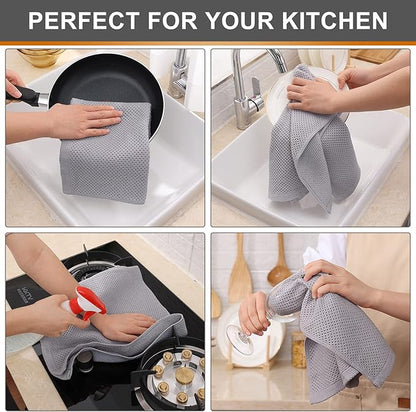 Kitinjoy 100% Cotton Waffle Weave Kitchen Dish Towels, 4-Pack Super Soft and Absorbent Kitchen Towels, 13 in x 28 in, Light Grey