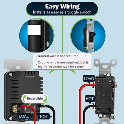 TOPGREENER PIR Motion Sensor Light Switch, Occupancy & Vacancy Motion Sensor Switch, Operable Without Ground Wire, No Neutral Wire, Single Pole, TDOS5-HL-BK-2PCS, Black