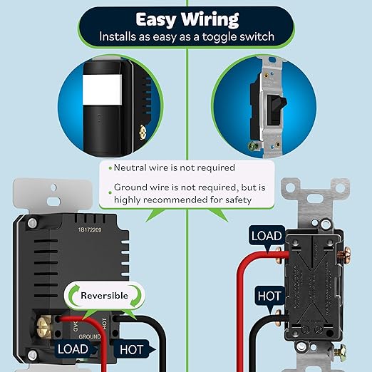 TOPGREENER PIR Motion Sensor Light Switch, Occupancy & Vacancy Motion Sensor Switch, 𝐎𝐩𝐞𝐫𝐚𝐛𝐥𝐞 𝐖𝐢𝐭𝐡𝐨𝐮𝐭 𝐆𝐫𝐨𝐮𝐧𝐝 𝐖𝐢𝐫𝐞, No Neutral Wire, Single Pole, TDOS5-HL-BK, Black
