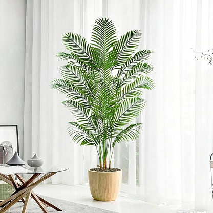 Artificial Palm Tree 7FT Artificial Plants Indoor Tropical Fake Palm Tree Areca Floor Plant in Black Pot with 18 Trunks & Real Bark Design, Faux Palm Plant for Outdoor Patio Home Room Office Decor