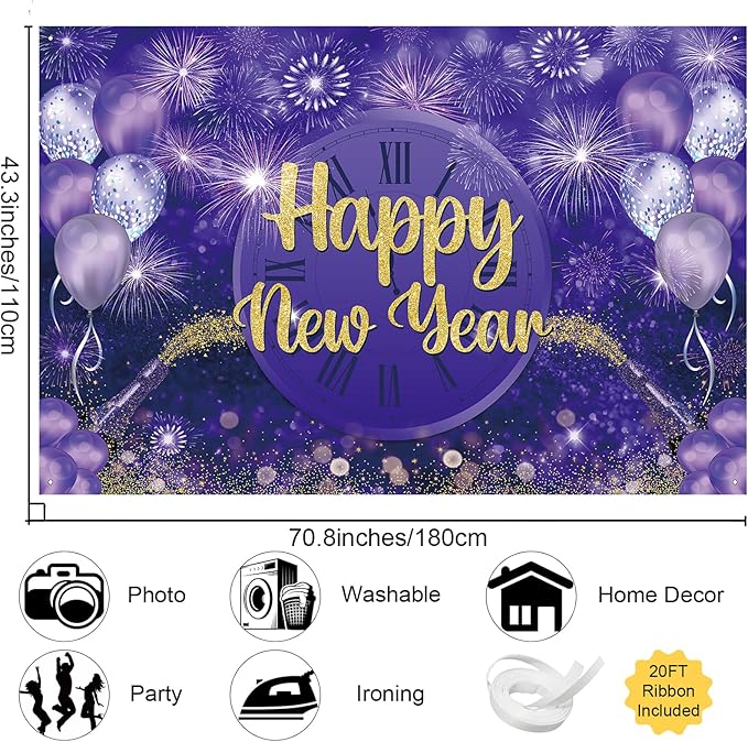 MEHOFOND Happy New Year Backdrop Purple 2025 New Year Eve Party Decorations Banner Supplies Shining Champagne Balloons Firework Photography Background New Years Eve Photo Studio Props 6 x 3.6 ft