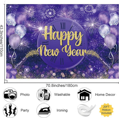 MEHOFOND Happy New Year Backdrop Purple 2025 New Year Eve Party Decorations Banner Supplies Shining Champagne Balloons Firework Photography Background New Years Eve Photo Studio Props 6 x 3.6 ft