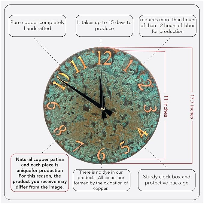 Handmade Pure Copper Wall Clock for Home Decoration, Decor Clock for Living Room, Bedroom and Kitchen, Rustic Decorative Mural Clock Art for Farmhouse (Numbers of Patina, 11)