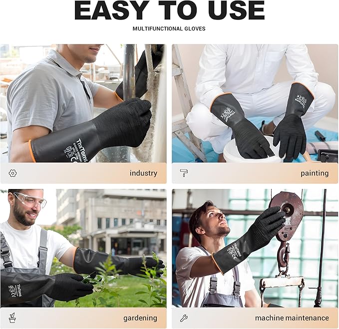 ThxToms Heavy Duty Rubber Gloves, Industrial Chemical Resistant Gloves Waterproof Reusable Protective Work Gloves for Cleaning, Dishwashing,Upgraded with Non-Slip Design, Black, 18" 1 Pair