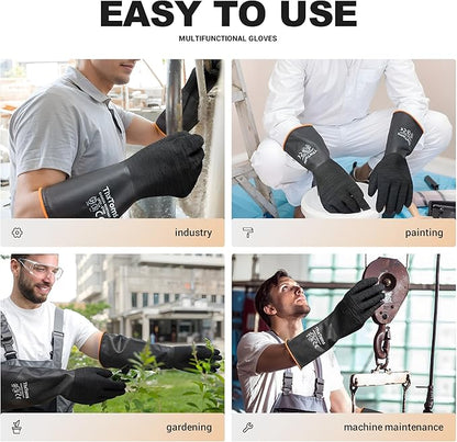 ThxToms Heavy Duty Rubber Gloves, Industrial Chemical Resistant Gloves Waterproof Reusable Protective Work Gloves for Cleaning, Dishwashing,Upgraded with Non-Slip Design, Black, 18" 1 Pair
