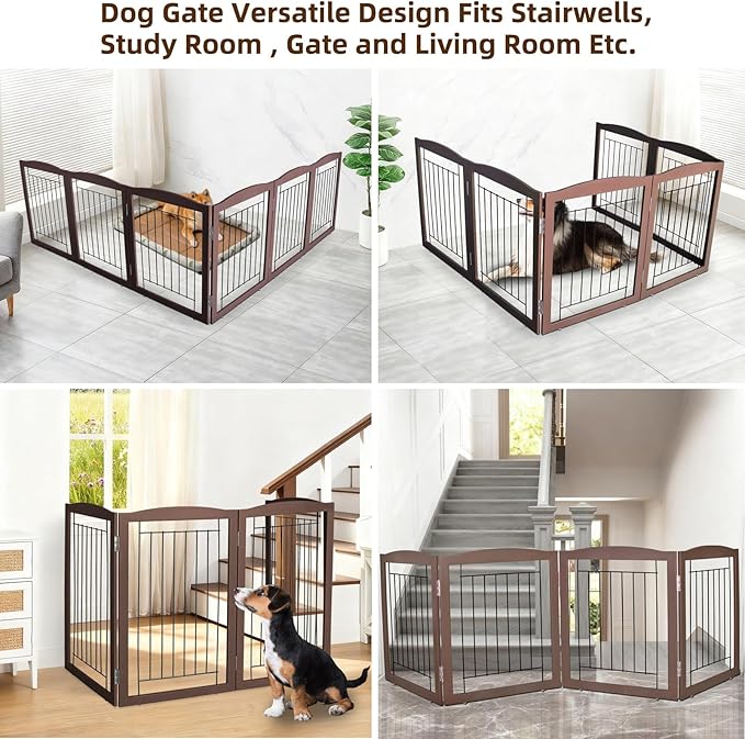 ZJSF Freestanding Foldable Dog Gate for House Extra Wide Wooden Brown Puppy Gate Stairs Dog Gates Doorways Tall Pet Gate 24 "Height 6 Panels Pet Fence