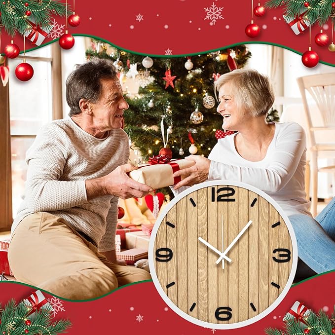 Round Wall Clock Battery Operated, Modern Wooden Small Analog Clocks 12 Inch Silent Non-Ticking for Home, Office, Apartment, Living Room, Bathroom, Kitchen, Bedroom