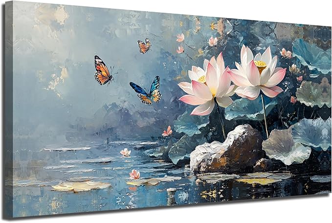 Ardemy Lotus Wall Art for Living Room Butterfly Large Canvas Art Wall Decor Textured Pictures Artwork Bedroom Kitchen Dining Home Office, Large 48"x24"