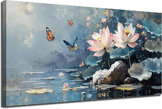 Ardemy Lotus Wall Art for Living Room Butterfly Canvas Art Wall Decor Textured Pictures Artwork Bedroom Kitchen Dining Home Office, Large 40"x20"