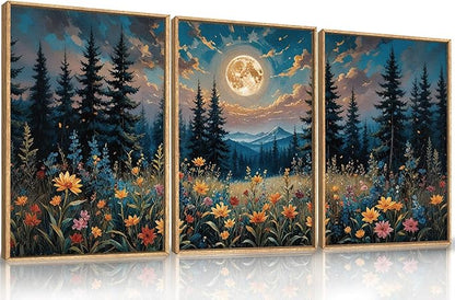 Large Nature Moon Wildflowers Framed Canvas Wall Art,Vintage Forest Flowers Wall Decor,Dark Mountain Night Wall Painting,Wilderness Artwork for Living Room,Bedroom,Dining Room,Office -24"x36"x3