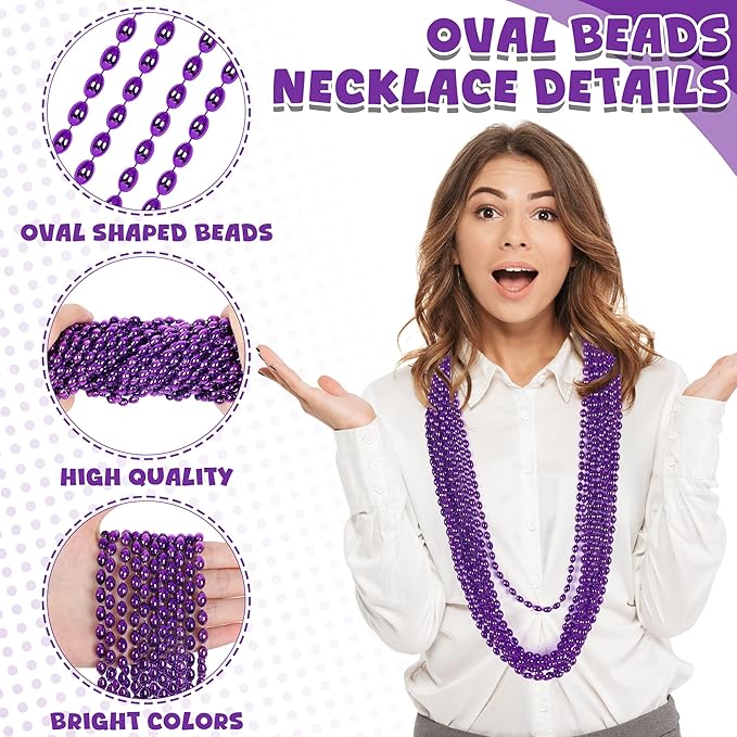 Mardi Gras Beads, 100PCS Purple Oval Bead Necklace Party Favors, 32" Bead Necklaces Mardi Gras Accessories, Festival Parade Throw for Halloween Mardi Gras Birthday Party Celebrations Decorations
