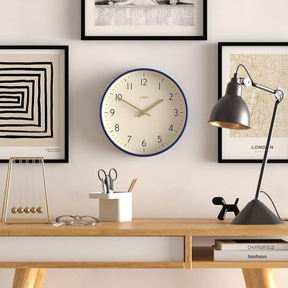 JONES CLOCKS® Studio Wall Clock | Modern Round Style | 12 inch | Dark Navy Blue | Easy to Read Numbers | Versatile Design for Kitchen, Living Room or Office