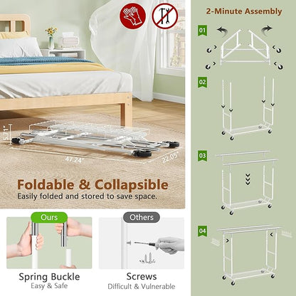 Hoctieon 2-Minute Assembly Double Rod Clothes Rack, Heavy Duty Rolling Clothing Racks with Wheels, Foldable Commercial Garment Rack, Extendable Hanging Bar, Adjustable Metal Pole with Hooks, White