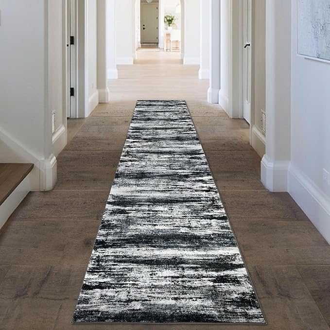 KOZYFLY Modern Abstract Kitchen Runner Rug, 2x10 Washable Rug Runner Non-Slip Soft Striped Hallway Runner Rugs, Black Navy Blue Grey Carpet Runner for Entryway Bathroom Laundry Room Foyer