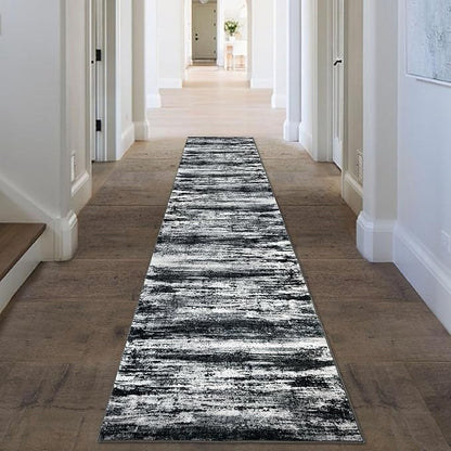 KOZYFLY Modern Abstract Kitchen Runner Rug, 2x10 Washable Rug Runner Non-Slip Soft Striped Hallway Runner Rugs, Black Navy Blue Grey Carpet Runner for Entryway Bathroom Laundry Room Foyer