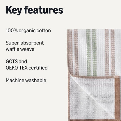 Amazon Basics Organic Cotton Waffle Kitchen Dish Towels - Ultra Absorbent, Quick Drying, Lint-Free, 15 x 25 inches, 6-Pack (2pc Olive Light/Brown Strip, 2pc Brown, 1pc Olive, 1pc White)